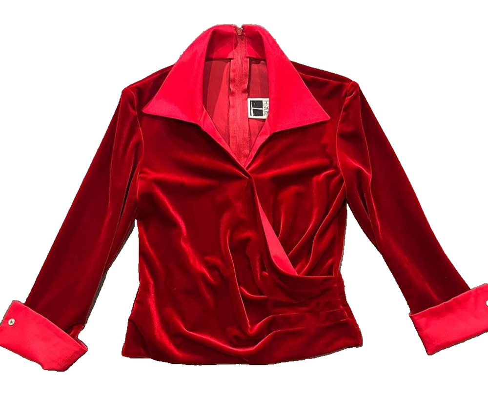 TADASHI Red Vintage Velvet V-Neck Long Sleeve Blouse Rhinestone Cuff M A010329